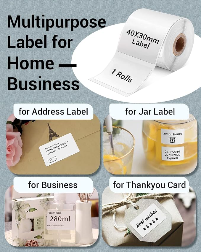 Phomemo Thermal Labels-for M110/M100/M220/M221/M108,1.57"x1.18"(40x30mm),Name Labels for Kids/School, 230 Labels/Roll, for Barcode/Address/Mailing/Logo/Business/Home