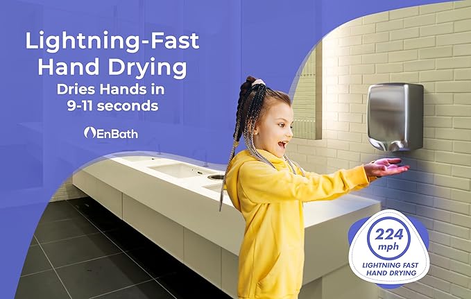 EnBath Commercial Hand Dryer, Hi-Speed (224mph) Hand Dryers for Bathrooms Commercial or Home Use -Stainless Steel Electric Hand Dryer with Air Filter, Optional Energy-Saver Mode, Speed/Volume Control