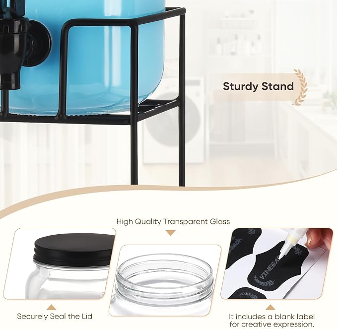 Liquid Laundry Detergent Dispenser, Three 2.2L Laundry Detergent Dispenser Glass Jar for Liquid Detergent, Fabric Softener- Laundry Soap Dispenser for Laundry Room Organization