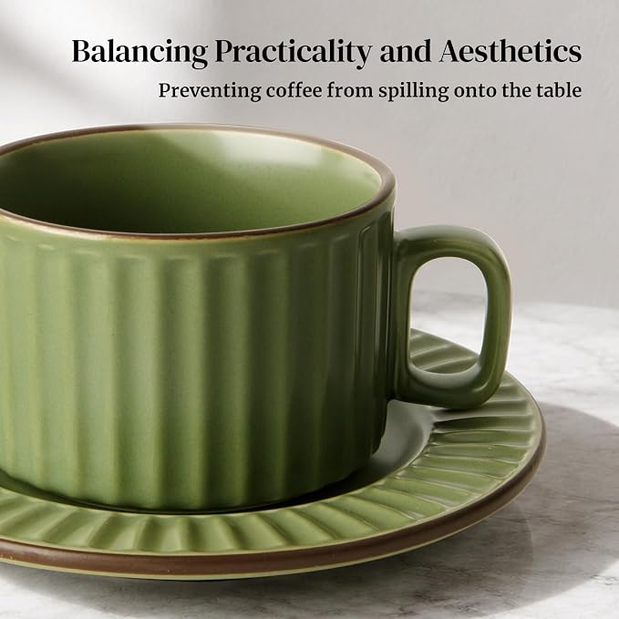 DOWAN Cappuccino Cup Set of 4, 8 OZ Ceramic Coffee Cups with Saucers, Coffee Mugs, Ribbed Espresso & Latte Cups Set, Elegant Stoneware for Home & Café Use