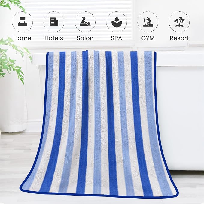JML Bath Towels Set, 2 Pack, 30" x 60", Cabana Stripe Blue | Hanging Loop, Lint Free, Oversized, Soft, Super Absorbent,Fast Drying, Perfect for Shower, Sauna, Gym, Sports, Fitness, Yoga