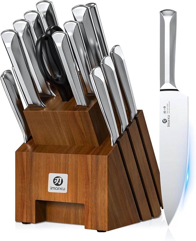imarku 16-Pieces High Carbon Japanese Stainless Steel Kitchen Knife Set | Knife Set with Block|15°Precision Edge | 56±2 HRC Hardness | Built-in Sharpener|Ergonomic Handles|Gifts Mom & Dad