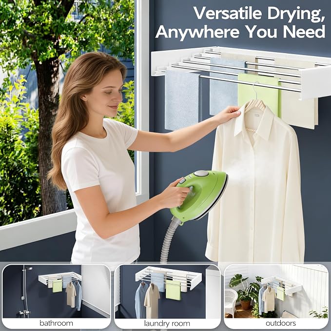 Vikaqi Wall Mounted Foldable Clothes Drying Rack, 32-Inch Wide, 5 Stainless Steel Rods, Space-Saving Laundry Drying Rack with Wall Template, White