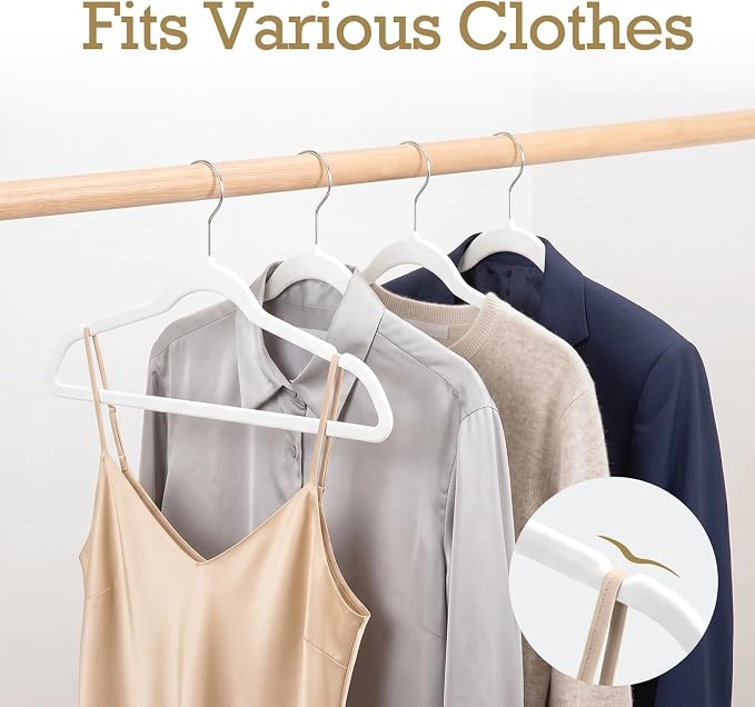 HOUSE DAY White Velvet Hangers 60 Pack, Non Slip Clothes Felt Hanger Heavy Duty for Coat, Premium Slim Space Saving Suit Hangers for Closet Organizer, 360° Rotating Silver Hook