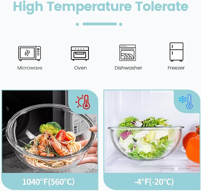 Luvan Borosilicate Clear Glass Mixing Bowls with Lids Set of 4 (0.53qt, 1.1qt, 2.1qt, 3.7qt), Space Saving Nesting Bowls Large Kitchen Salad Bowls for Meal Preping,Baking,Mixing,Dishwasher Safe