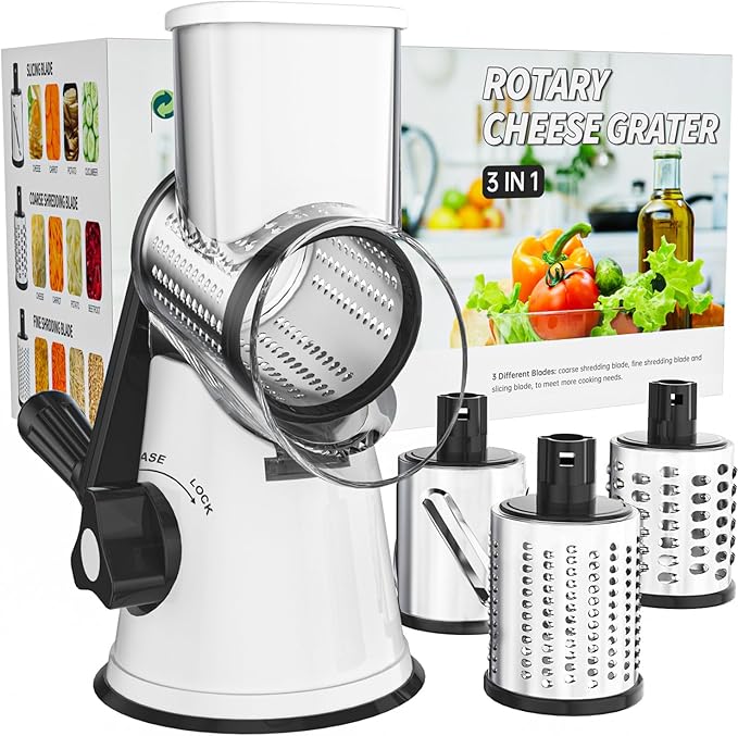 Cambom Rotary Cheese Grater Hand Crank Cheese Shredder for Fresh Cheese, Vegetable, Nuts,Non-slip Suction Base, Three Blades, Black White
