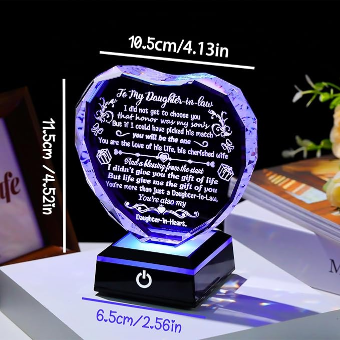 Arikyrist Mothers Day Daughter in Law Gifts Heart Crystal Keepsake with Colorful LED Light Base Daughter in Law Gifts from Mother in Law on Birthday Christmas Wedding Anniversary