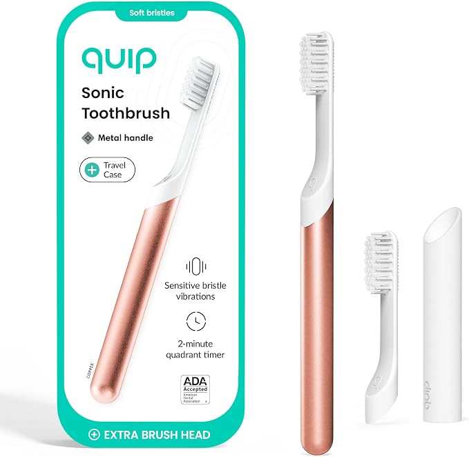Quip Sonic Toothbrush for Adults with Timer - Includes Extra Brush Head and Travel Cover Mount - Electric, Soft Bristle Refill Head, Metal Handle, 3 Month Battery Life - Travel Toothbrush - Copper