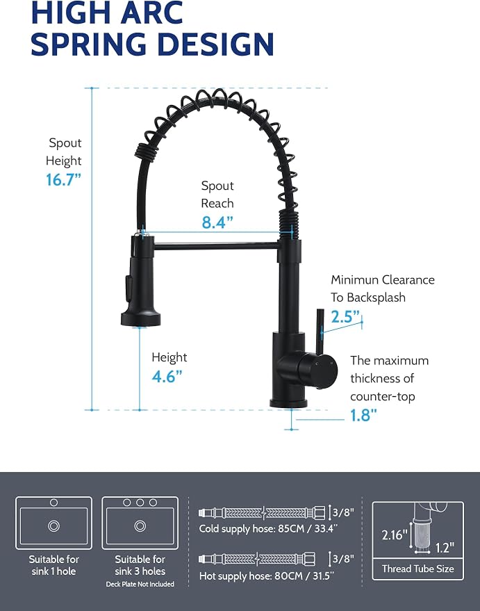 LUFEIDRA Black Kitchen Faucet with Pull Down Sprayer, High Arc Spring 304 Stainless Steel Single Handle 1 or 3 Hole 2 Mode Kitchen Faucets for Farmhouse RV Camper Laundry Wet Bar Pot Filler Faucets