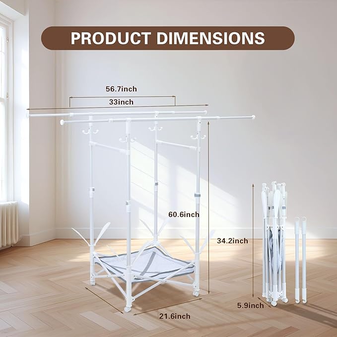 Foldable Clothes Drying Rack,Double Rod Extendable 33.1–56.7 Inches,Drying Rack Clothing with Wheels,Sweater Drying Net,Shoes Drying Rack,Hat Hanger