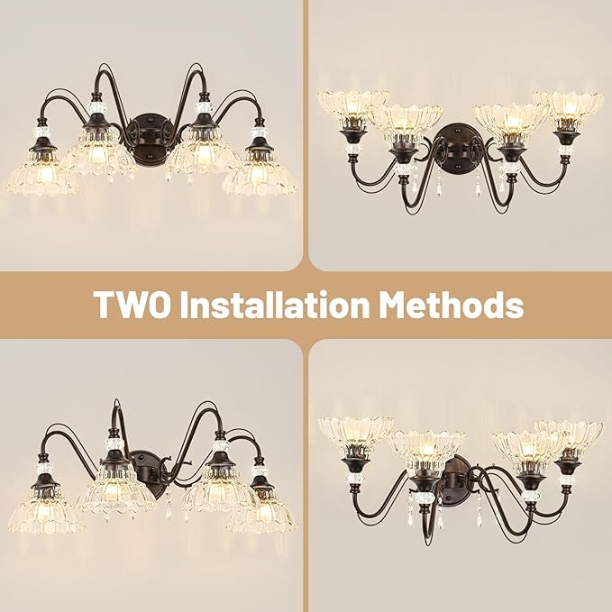 Vintage Bathroom Vanity Light, 4-Light Oil Rubbed Bronze Finish Wall Sconce with Hanging Crystal Accents and Flower-Shaped Clear Glass Shades, Retro Wall Mount Vanity Light Over Mirror for Bathroom