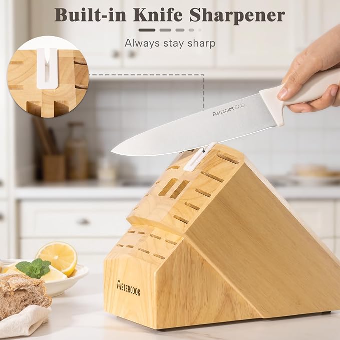 Knife Set, Astercook 22-Piece Kitchen Knife Set with Sharpener Block, High Carbon Stainless Steel Knives, Dishwasher Safe, Non-Slip Handle, Elegant Cream White Design, Perfect Holiday Gifts
