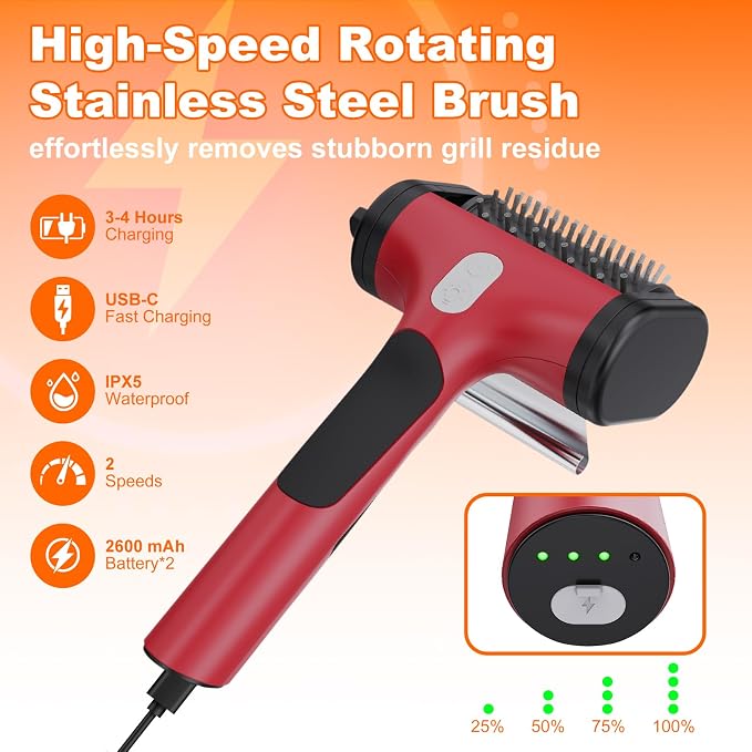 Electric Grill Brush for Outdoor Grill,2600mAh Rechargeable Electric Grill Cleaner with 2-Speed(Max 1000RPM)，2 Replacement Heads and LED Light for Outdoor/Camping BBQ Grates Cleaning Tool (Red)