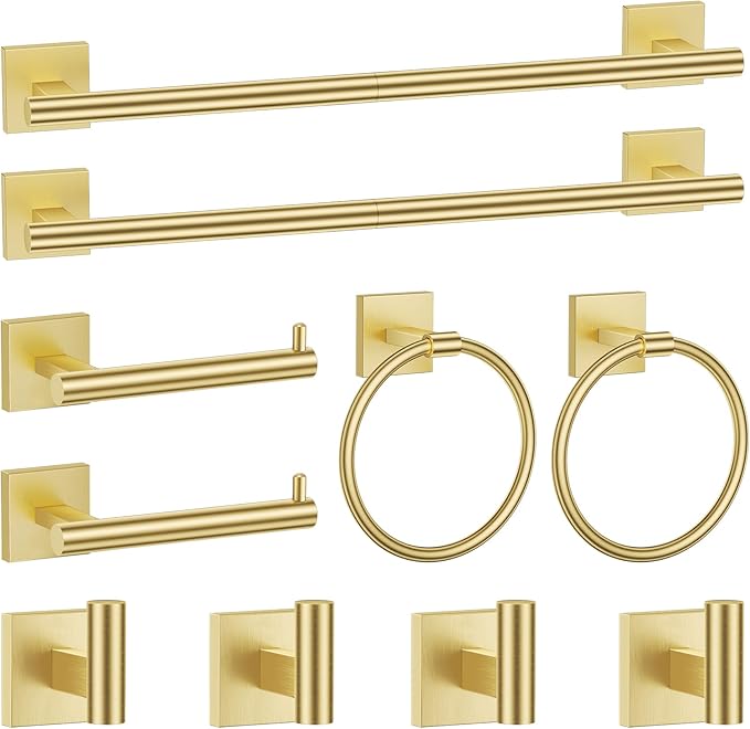 Brushed Gold Bathroom Hardware Accessories Towel Bar Set, 10 Pieces Bathroom Towel Bar Holder Set, 23.6 Inch Stainless Steel Toilet Paper Holder Towel Racks for Bathroom Wall Mounted