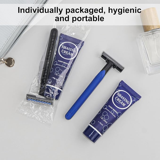 Shaving Razor Set, Disposable Individually Wrapped Manual Twin Blade Razors in Bulk Smooth Shaving Razors with Mini Shaving Cream Toiletries for Hotel Charity Camping Travel Homeless 1oz (Pack of 10)