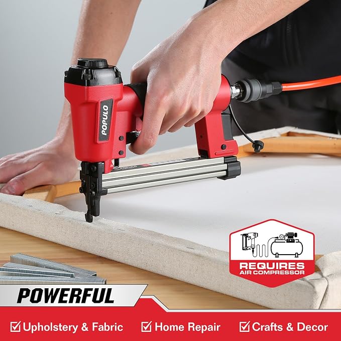 POPULO Pneumatic Staple Gun, Air Staple Gun with 3000 Staples and Safety Glasses, T50 Stapler for Upholstery, Woodworking, DIY, or Material Repair (Air Compressor Not Included)