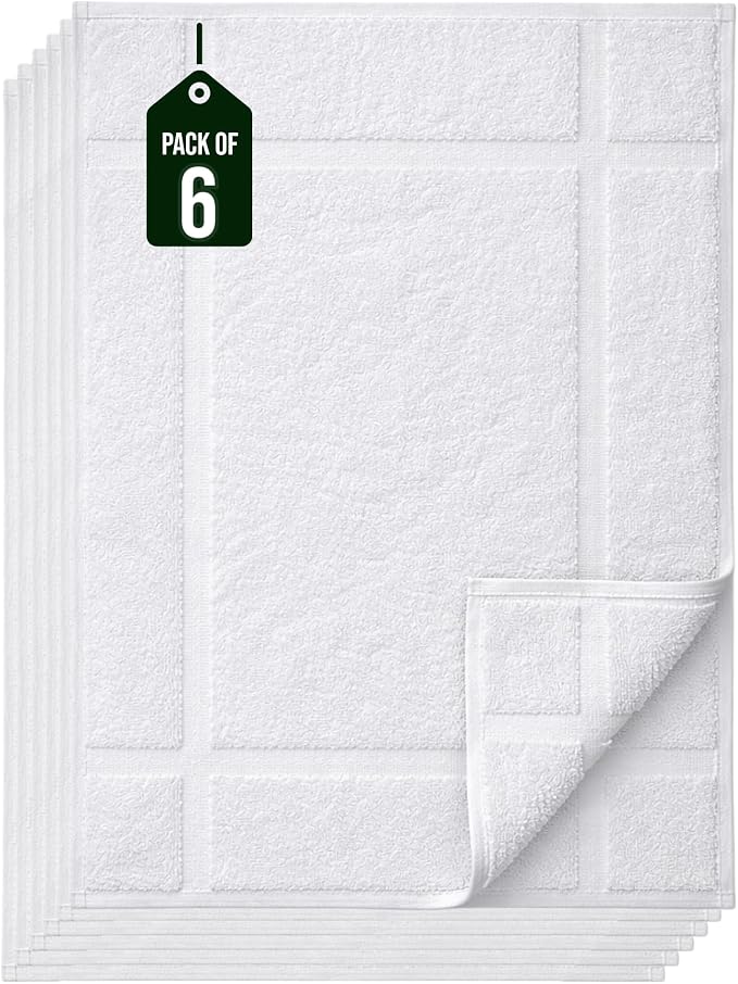 Pearl Linens Pack of 6 100% Small Cotton Bath Mat Towels,18x25 inches, Soft & Absorbent Floor Towels for Bathroom, Not Bathroom Rugs, After Shower Mat, 781 GSM, Machine Washable, White