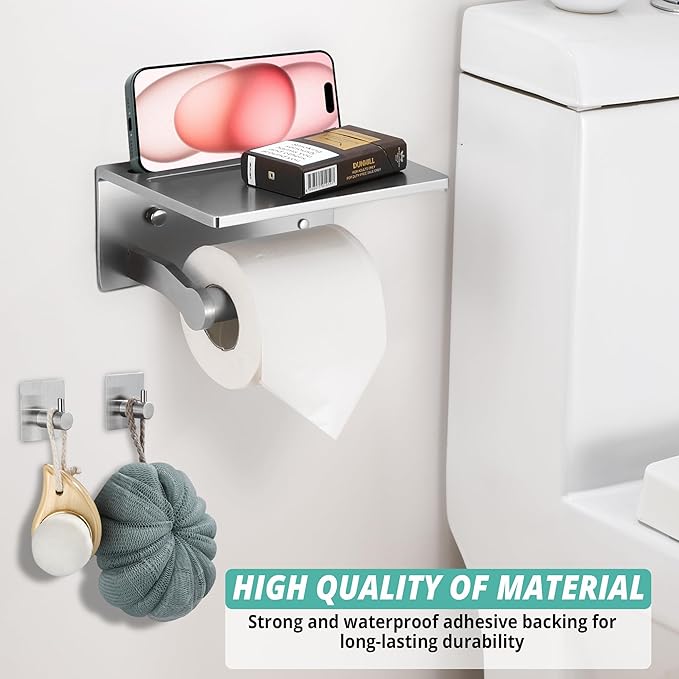 Toilet Paper Holder with Shelf and 2 Towel Hooks - Self Adhesive Toilet Paper Storage - Tissue Roll Holder with Phone Shelf - Wall Mount Toilet Roll Bathroom Organizer - Brushed Nickel