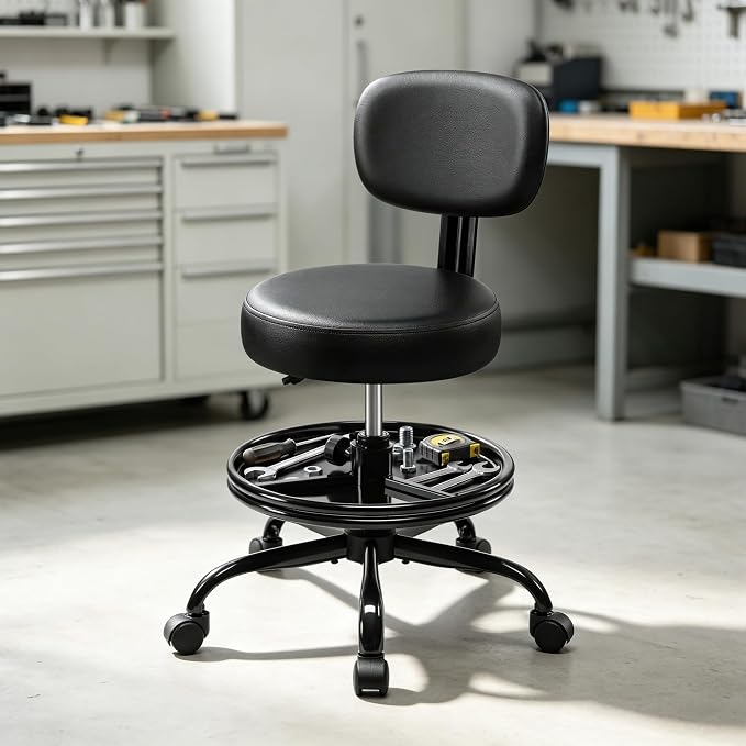 BestGlory Rolling Shop Stool with Wheels, Adjustable Height Heavy Duty Garage Stool with Storage Tray and Footrest, Garage Mechanic Stool Chair with Backrest for Workshop Kitchen Salon