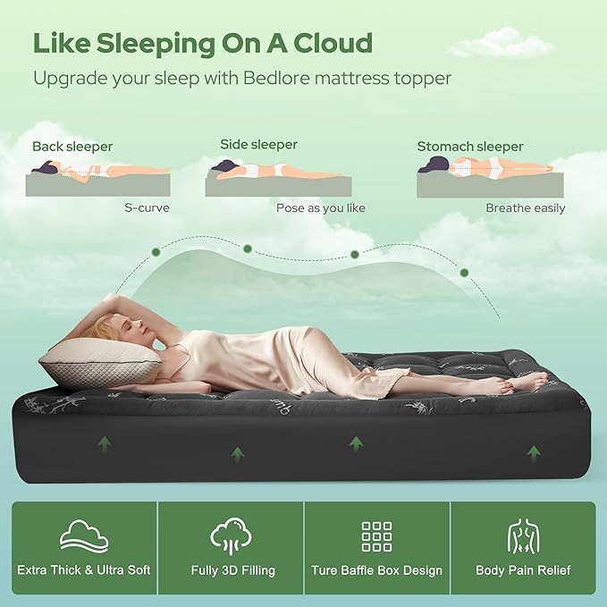 BEDLORE RV Queen Mattress Topper Viscose Derived from Bamboo,Pillow Top Mattress Pad with Stretchable Pockets for 6"-15" Mattress, Soft Breathable Mattress Topper for Back Pain Relief(Dark Gray)