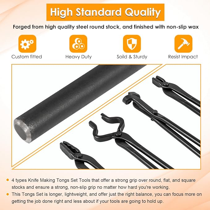 Blacksmith Forging Tongs Knife Making Tongs Set Fire Tongs Anvil Blacksmithing Tongs Forge Tools Includes Flat Tongs, Wolf Jaw Tongs, Blade Tongs & V-Bit Tongs(4 Tongs)