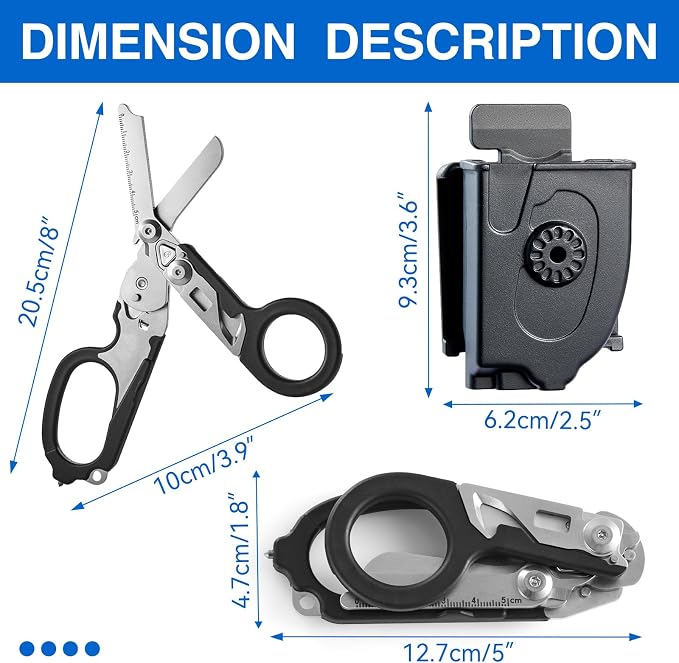 Heavy Duty 6 in 1 Multifunctional Trauma Shears Foldable | Stainless Steel emergency response scissors | Survival Shears with Holster | Medical Trauma shears Tactical With Strap Cutter | Black