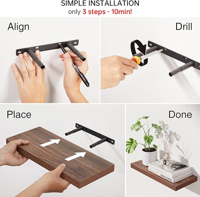 BAYKA Floating Shelves for Wall, Set of 3, Wall Mounted Rustic Wood Shelves for Bathroom, Bedroom, Living Room, Kitchen, Small Hanging Shelf for Books/Storage/Room Decor, Walnut-Like, 15.7in