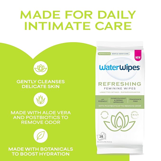 WaterWipes Refreshing Feminine Wipes, Stay Fresh On-The-Go, pH Friendly for Daily Intimate Care, Odor Removal, Gynecologist Approved, Fragrance Free, 28 Count