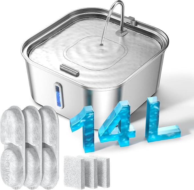 Large Dog Water Fountain 14L/3.7Gal, Stainless Steel Pet Fountain for Large Dogs and Multi-Pets Families, Visible Window & Extra Wide Drinking Area, Enlarges Capacity & Saves Space (with 3pcs Filters)