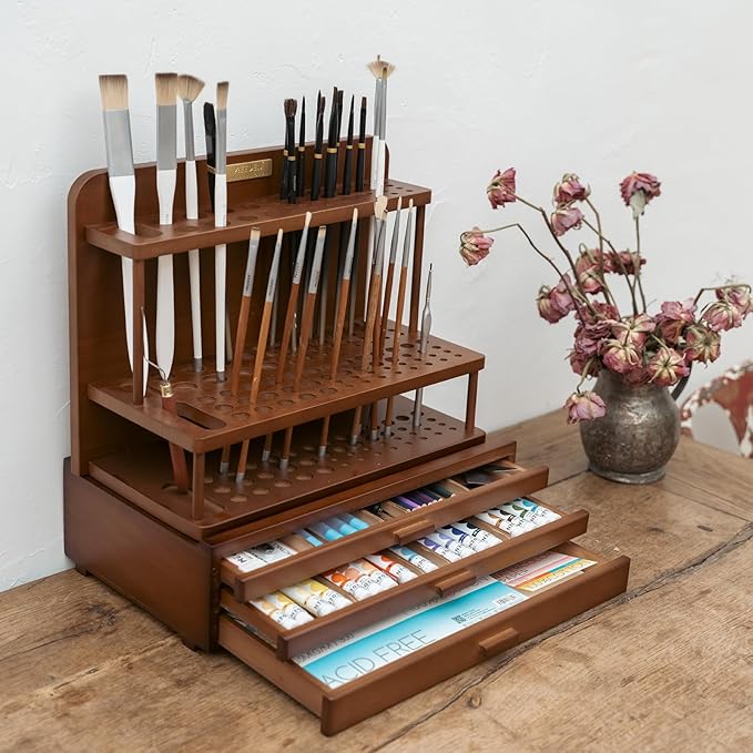 MEEDEN PRO Paint Brush Holder - 2 Tier Wooden Paint Brush Organizer - Large Capacity Art Supply Storage for Desk, Crafts
