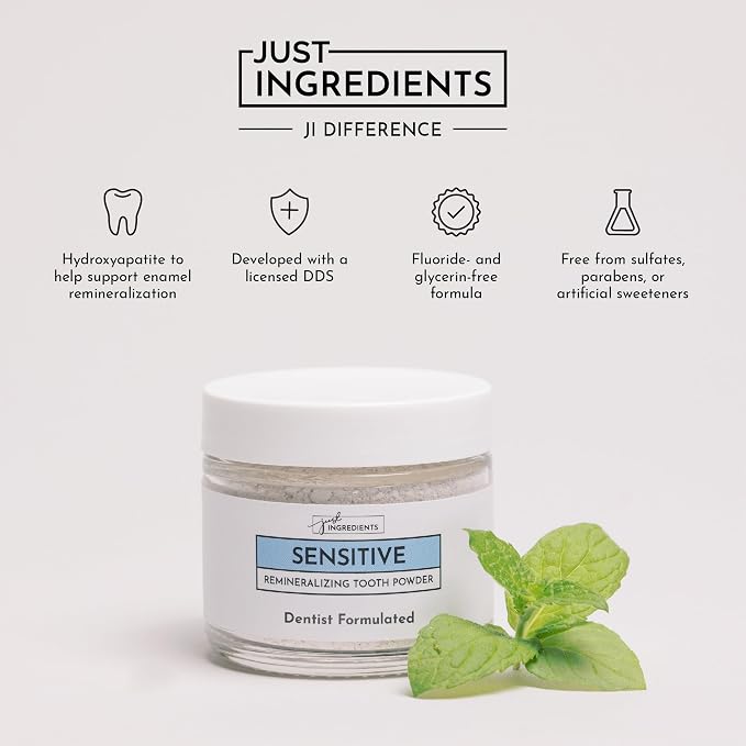 JUST INGREDIENTS Remineralizing Tooth Powder Sensitive - No Fluoride - 1 oz | Calcium Carbonate, Bentonite Clay, Baking Soda, Enamel Support, Plaque Polishing, Vegan Non GMO, SLS Free, Adult Use