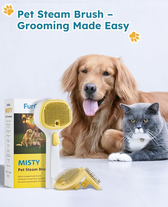 Cat Steam Brush for Cats & Dogs, Pet Steam Brush 3-in-1 with 2 Mist Modes, One-Touch Self Cleaning, Magnetic Safe Charging, Cat Hair Brush for Shedding, Dog Brush for Shedding, Yellow