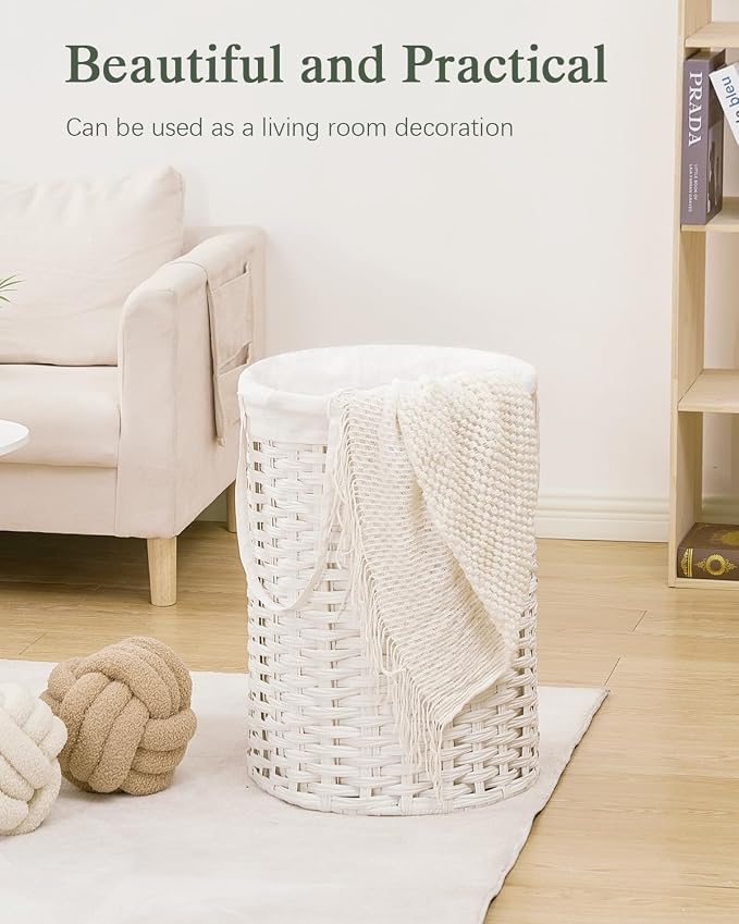 SETVSON Laundry Hamper Laundry Basket Round 19.0 Gal (72 L) Handwoven Rattan Hamper, Large Wicker Laundry Hamper with Removable Laundry Bag Handles 2 Mesh Bags for Bedroom Living Room White (No Lid)
