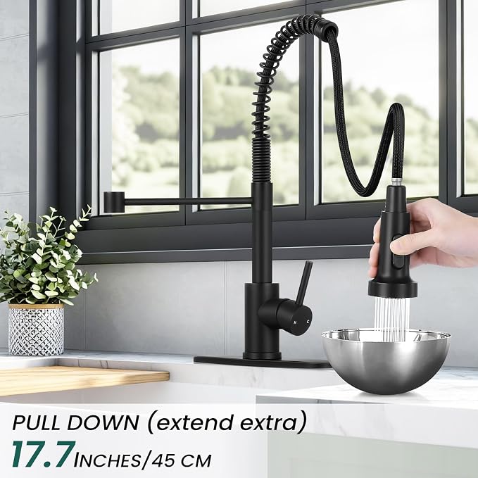Kitchen Faucet with Pull Down Sprayer Matte Black | 2-mode sprayer, 360° high arc spout, 304 SS build, drip-free valve, fingerprint-resistant, DIY install, NSF certified