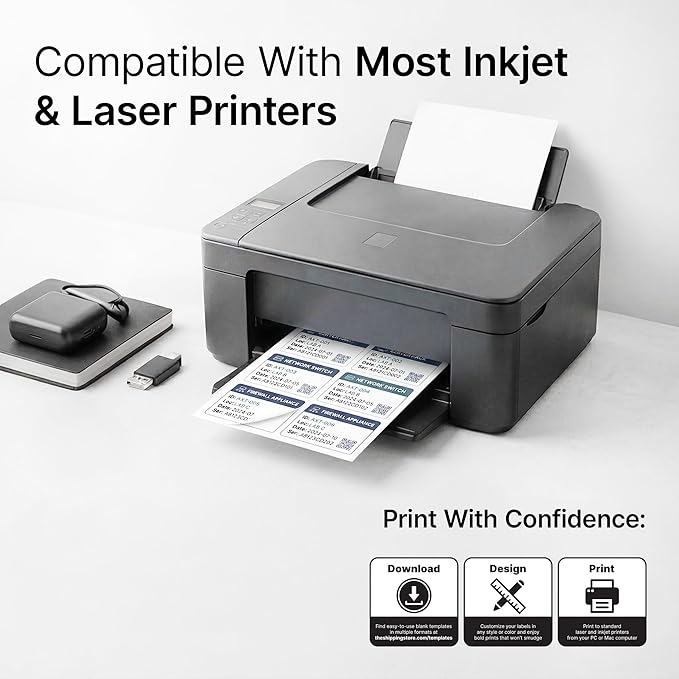 2 1/3" X 3 3/8" Matte White Printable Labels (100 Sheets, 800 Stickers) Name Tag Stickers, Address and Shipping Labels for Laser & Inkjet Printers - Spartan Industrial Template R013