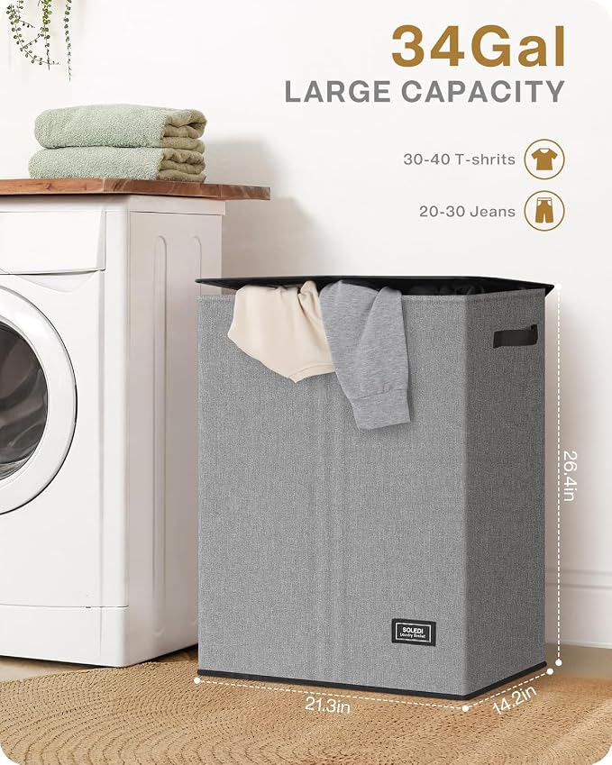 SOLEDI Double Laundry Hamper with Lid, 130L Clothes Hamper 2 Section, Laundry Basket with Removable bag, Bed room decor aesthetic, laundry room organization, Home and dorm room essentials