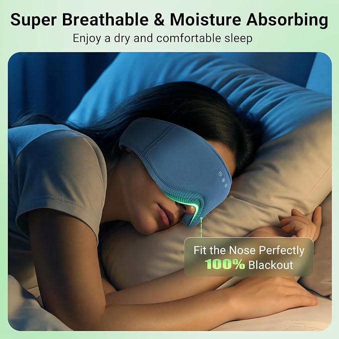 3D Bamboo Cotton Sleep Mask with Bluetooth 5.4 Headphone, Music Wireless Bluetooth Blackout Eye Mask for Side Sleepers, Earphones HD Speaker Microphone for Travel, Gifts for Women Men, Blue
