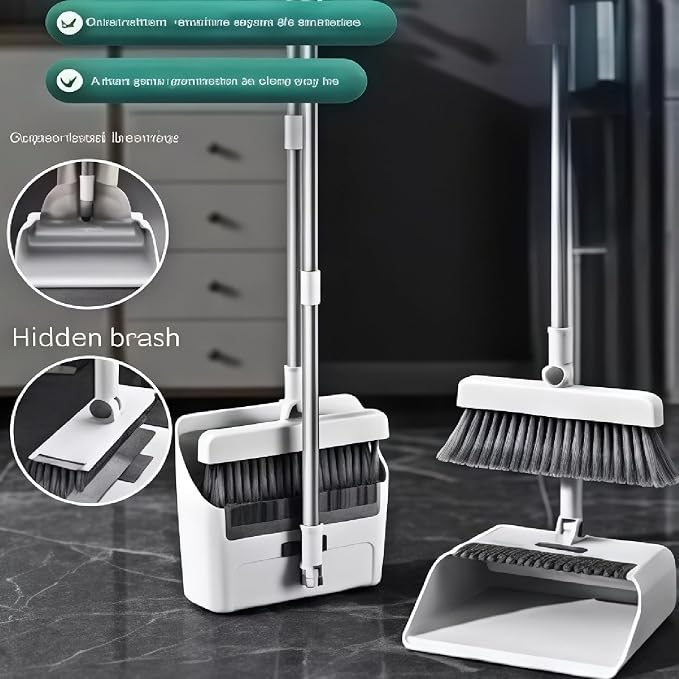 3in1 Broom and Dustpan Combo with Cleaning Teeth, Adjustable Long Handle, 180° Rotating Broom,Ideal for Pet Hair, Indoor Outdoor Heavy Duty Floor Sweeping (White)