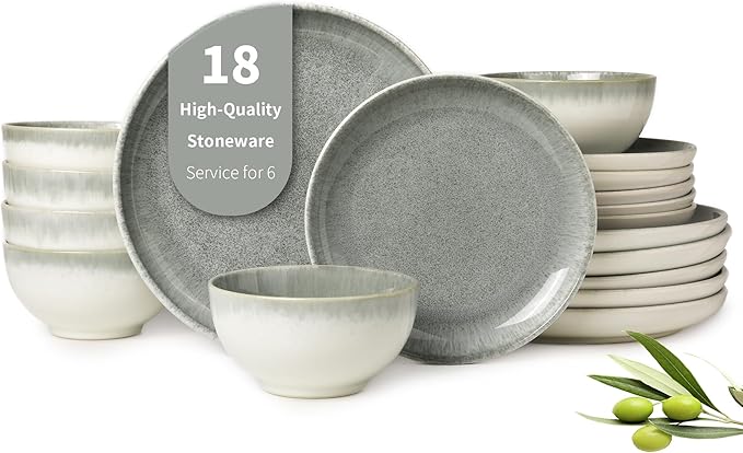 Pokini Ceramic Dinnerware Sets for 6, 18 Pieces Stoneware Plates and Bowls Sets, Chip and Stain Resistant Modern Dishes, Dishwasher & Microwave Safe Dinner Set, Gradient Green