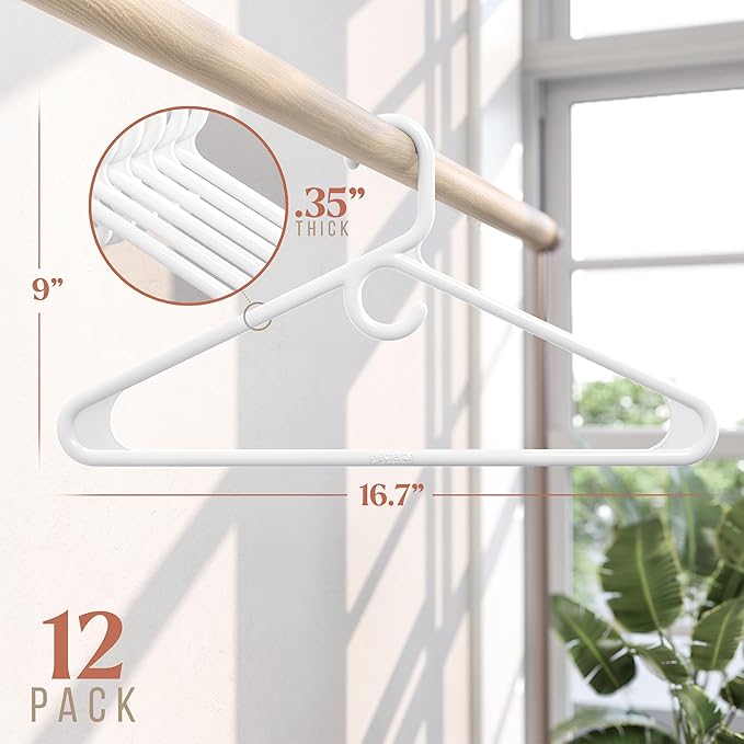 NEATERIZE Thick Heavy Duty Hangers - White Plastic Clothes Hangers 12 Pack - Great for Coat Hanger, Jackets Jeans & Suit Hanger for Closet - New Apartment Essentials Percheros Ganchos para Colgar Ropa