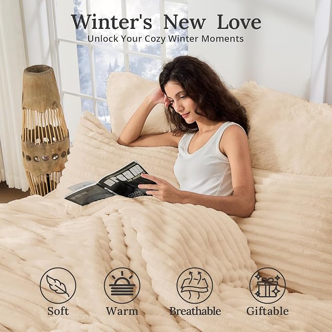 Sasttie California King Comforter Set 3 Pieces - Super Soft Fleece Comforters Cal King Size, 1 Luxury Warm Fuzzy Marshmallow Cali King Comforter with 2 Pillow Cases, Faux Fur Bedding Set, Beige