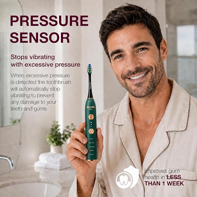 Wagner Stern WHITEN+ Electric Toothbrush, 48,000 VPM, Pressure Sensor, 5 Modes, 8 Brush Heads, Travel Case