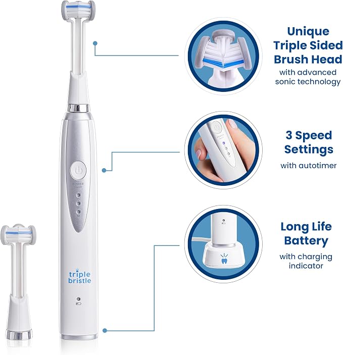 Triple Bristle Kids Sonic Three Sided Toothbrush, 1 Pack | Clean Teeth and Gums, Dentist Created and Approved, Fun Sticker Rewards, Rechargeable