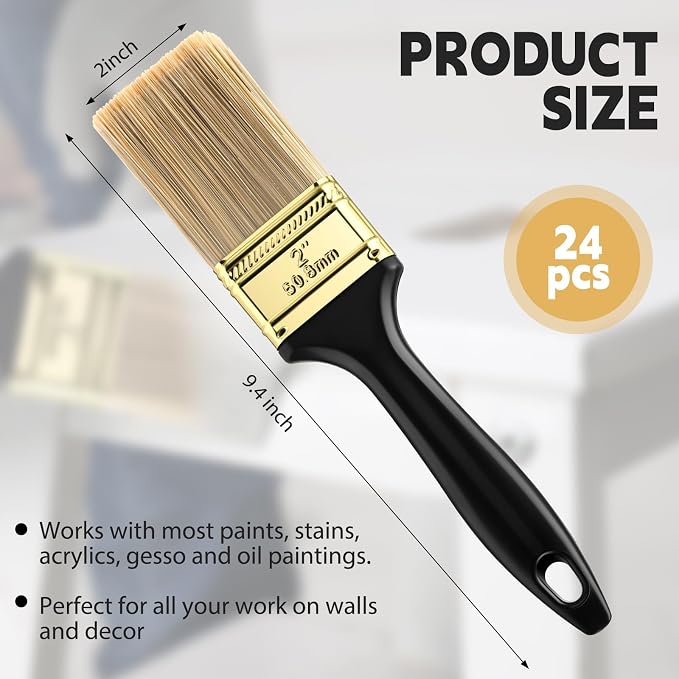 Teenyyou 24 Pcs 2 Inch Paint Brushes Flat Chip Paintbrushes Bulk with Treated Plastic Handles Professional Painting Tools for Paint Stains Deck Door Furniture Home Wall Trim DIY