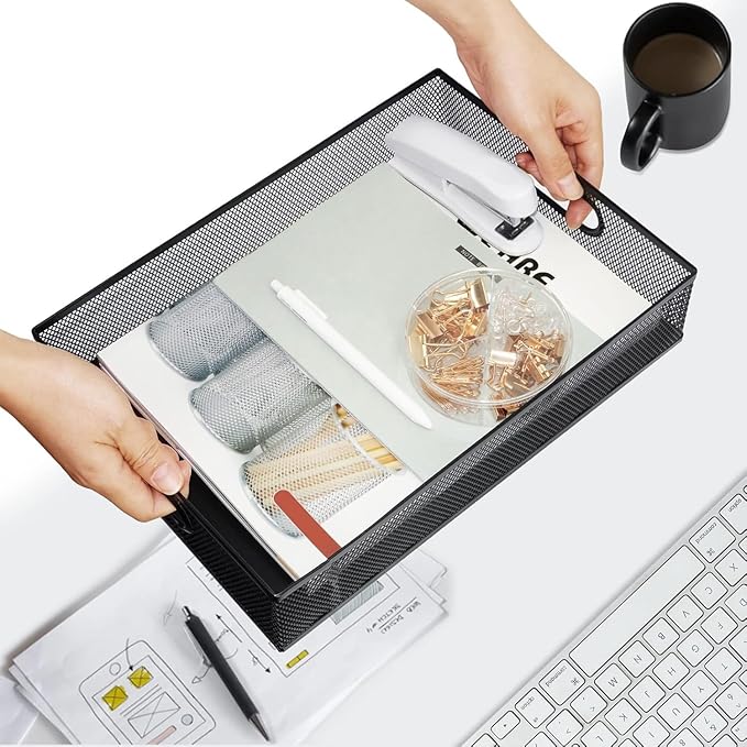 Neudeco Desk Drawer Organizer, 4 Pack Metal Mesh Drawer Organizer Set with Adjustable Dividers, Stackable Pen Organizer for Desk Drawer, Office Supplies Organizer, Black