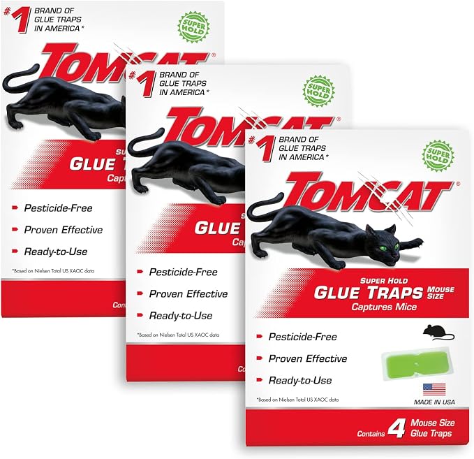 Tomcat Super Hold Glue Traps Mouse Size, 3-Pack (12 Glue Traps) | For Mice, Cockroaches, Spiders, and Scorpions, Ready-To-Use, 3 Packages Each with 4 Glue Traps