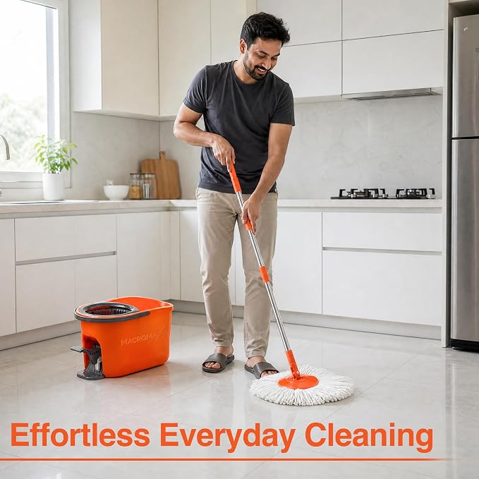 Macromax Force Spin Mop and Bucket Set with 9 Refills– Pedal-Activated Wringer System – 360° Microfiber Mop for Floor Cleaning – Ergonomic Handle – Wet or Dry Use – Hardwood, Tile & Laminate
