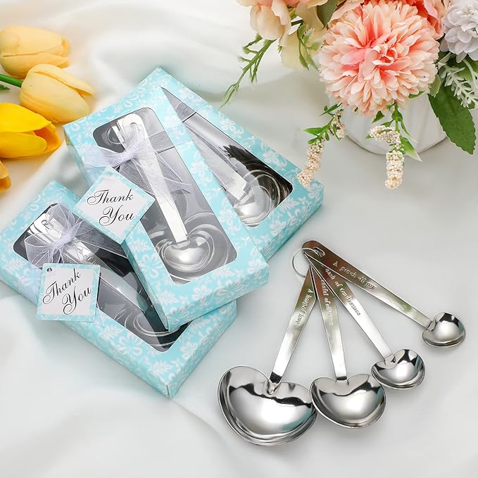 Yinder 50 Sets Heart Measuring Spoons Wedding Favors for Guests with Gift Box and Thank You Card, Bridal Shower Favors Bulk, Kitchen Measuring Spoon Gift Set for Party Souvenirs(Blue)