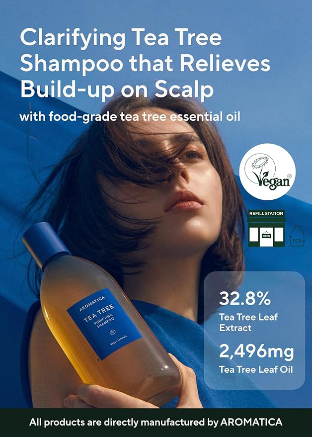AROMATICA Clarifying Tea Tree Shampoo, Organic Tea Tree Oil, Natural, Dandruff, and Itchy Scalp Care, scalp exfoliator, for Men & Women, include Mint and Peppermint, Sulfate Free, Vegan, 13.5 fl oz