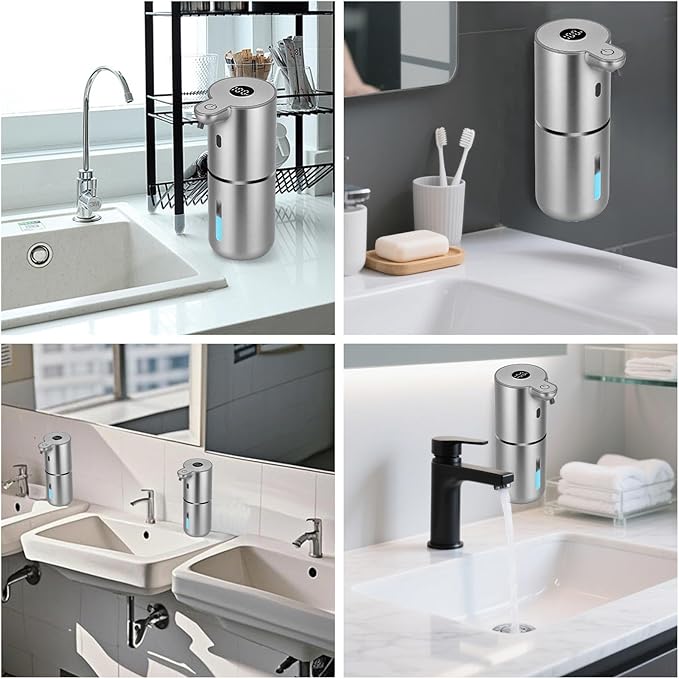 OHIFAST Automatic Foaming Soap Dispenser Touchless, USB Rechargeable Smart Hand Soap Dispenser, 6-Level Adjustable, 12.8oz/380mL Wall Mounted for Bathroom Kitchen Dish Soap-Silver